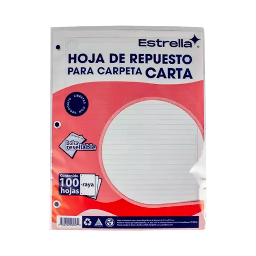 REPUESTO DE CARPETA CARTA ESTRELLA RAYA PAQUETE CON 100HOJAS